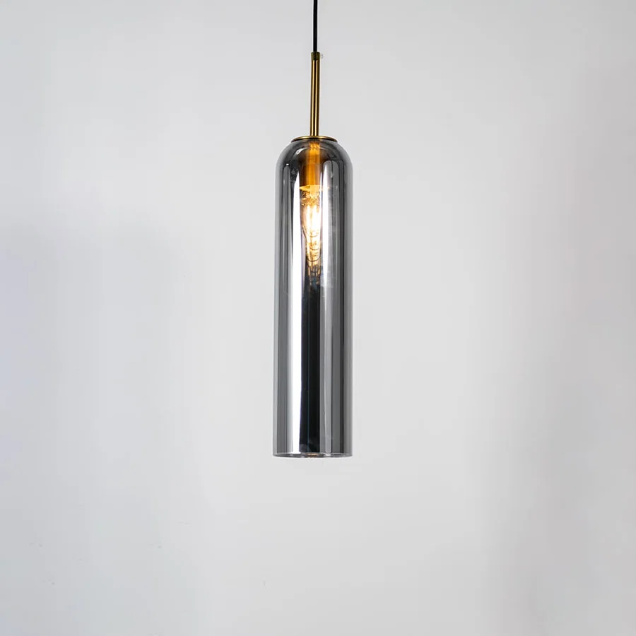 Chrome metal pendant light with sleek cylindrical design and reflective finish for contemporary ceiling lighting decor.