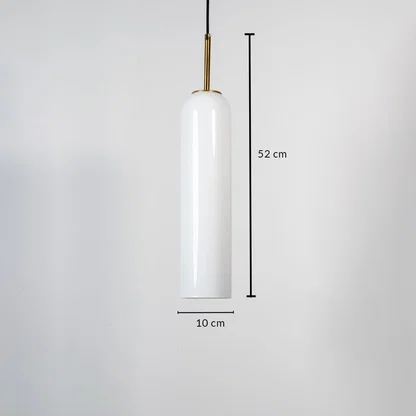 A tall cylindrical pendant light shown with clear dimensions displaying a height of 52 cm and a width of 10 cm against a white background for accurate measurement reference.