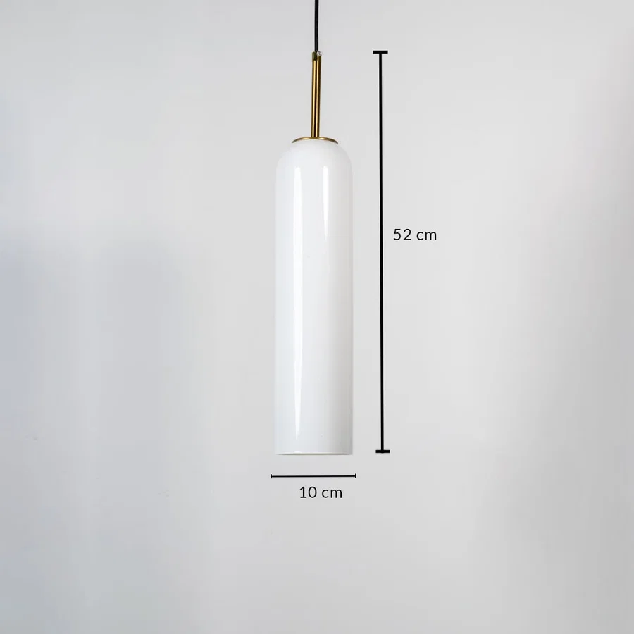 A tall cylindrical pendant light shown with clear dimensions displaying a height of 52 cm and a width of 10 cm against a white background for accurate measurement reference.