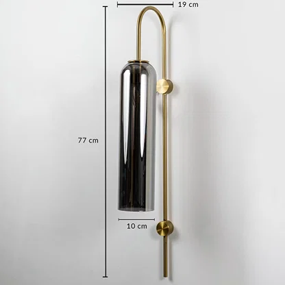A wall light with clear measurements shown as 77 cm height 19 cm width and 10 cm depth against a white background highlighting its full proportions.