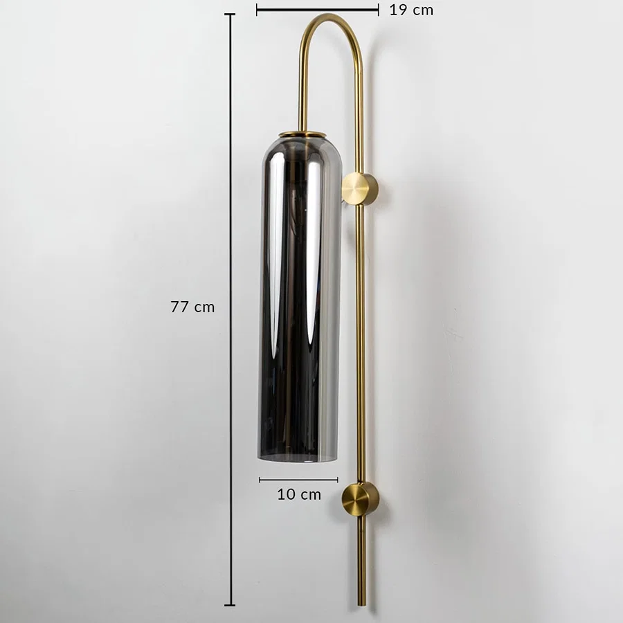 A wall light with clear measurements shown as 77 cm height 19 cm width and 10 cm depth against a white background highlighting its full proportions.