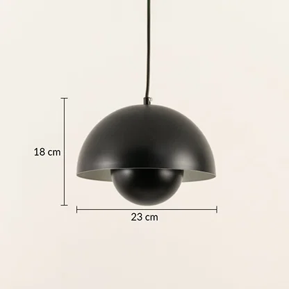 Dimension image of matte black metal pendant light with layered dome design showing 18 cm height and 23 cm width.