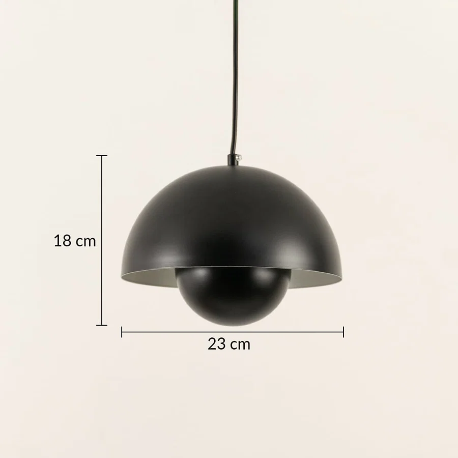 Dimension image of matte black metal pendant light with layered dome design showing 18 cm height and 23 cm width.