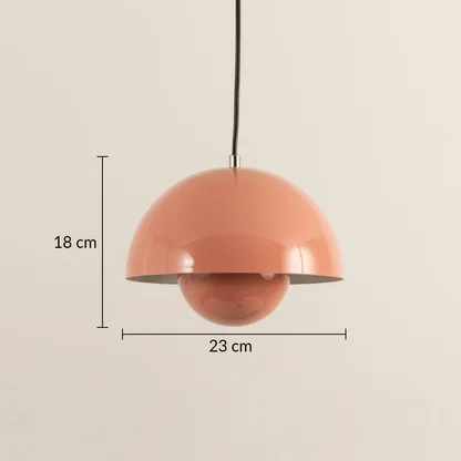 Dimension image of peach pink metal pendant light with layered dome design showing 18 cm height and 23 cm width.