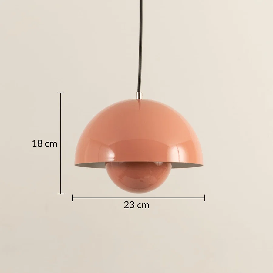 Dimension image of peach pink metal pendant light with layered dome design showing 18 cm height and 23 cm width.
