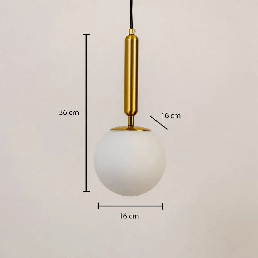 White glass globe pendant light measuring 16 cm width and 36 cm height crafted for sophisticated ceiling lighting decor.