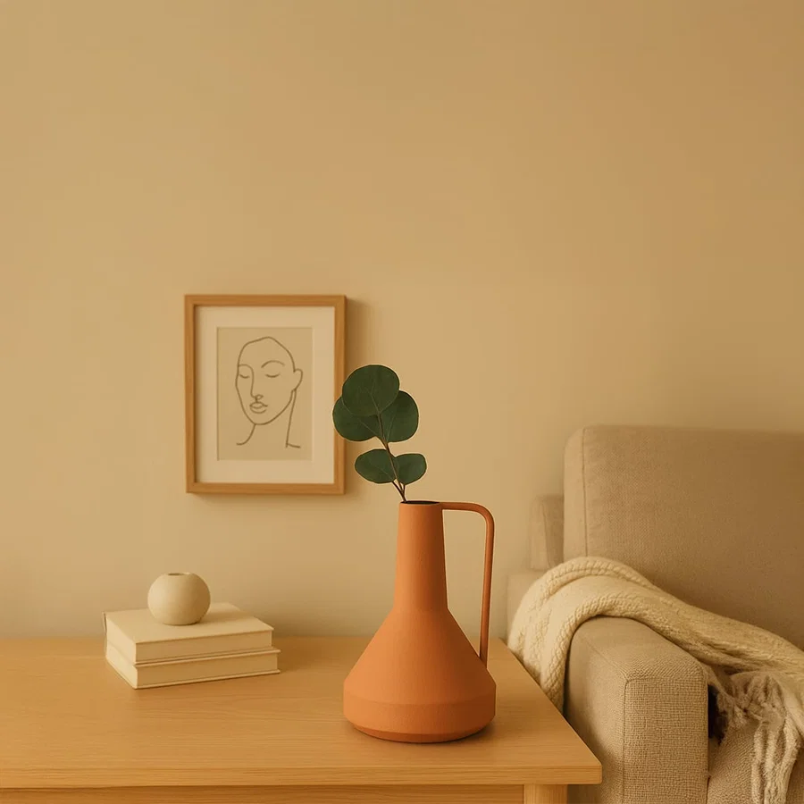 Modern ceramic jugs collection in black terracotta gray and cream with metal handle placed on a wooden table in a cozy living room.
