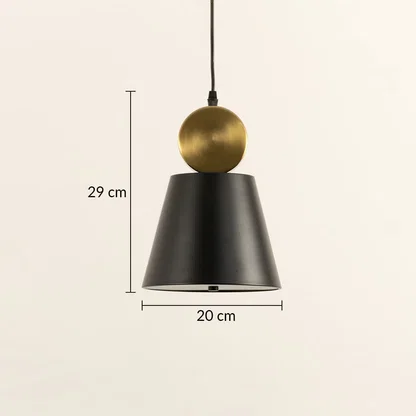 Black metal and gold sphere pendant light dimension image with 20 cm width and 29 cm height for luxury bedside placement.
