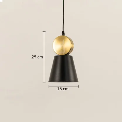 Black metal and gold sphere pendant light dimension image with 15 cm width and 25 cm height for luxury bedside placement.