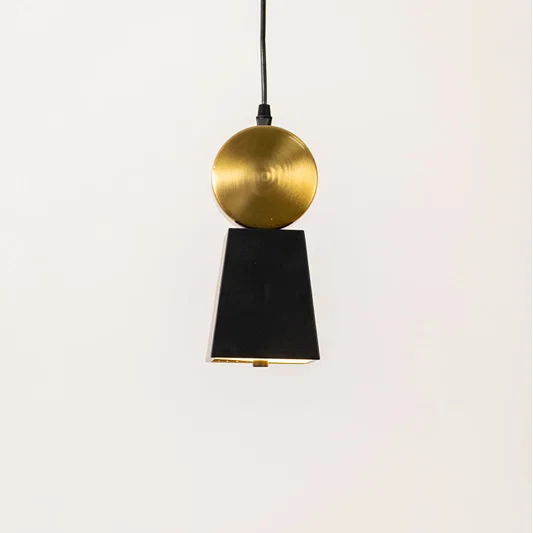 Minimal pendant light in gold and black metal finish with cone design for kitchen or dining decor lighting white background.