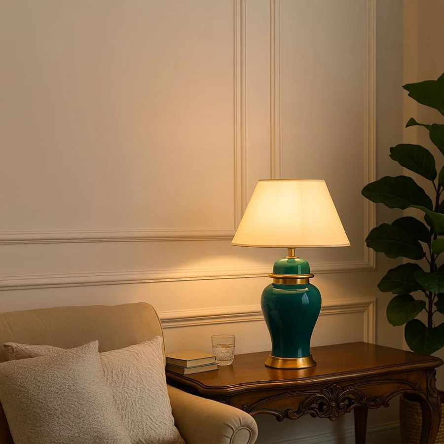 Green ceramic table lamp with golden base and white fabric shade turned on styled in elegant living room decor.