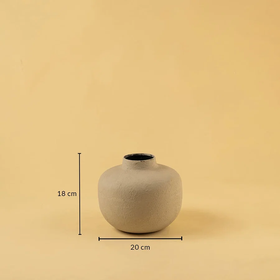 Grey metal textured vase decor with width 20 cm and height 18 cm shown clearly for accurate size reference.
