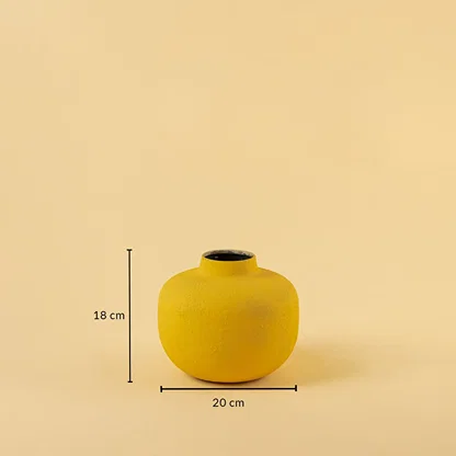 Yellow metal textured vase decor with width 20 cm and height 18 cm shown clearly for accurate size reference.