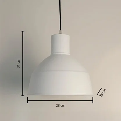 Dimension image of matte white metal pendant light with dome shade showing 31 cm height and 28 cm width.