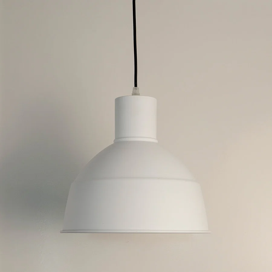 White metal pendant light with smooth dome shade crafted for modern kitchens and dining spaces.