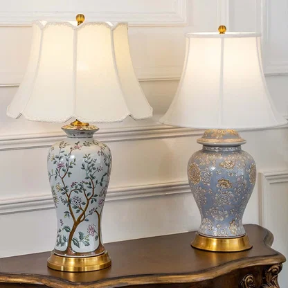 Table lamps with elegant floral bases and white shades placed on a wooden table adding charm and warmth to classic home decor.