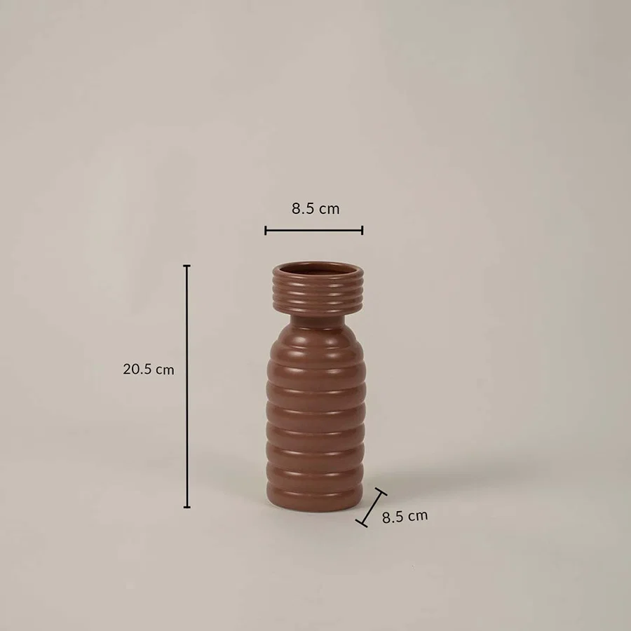 Brown ribbed ceramic vase with size shown as 20.5 cm height and 8.5 cm width for accurate modern home decor placement.