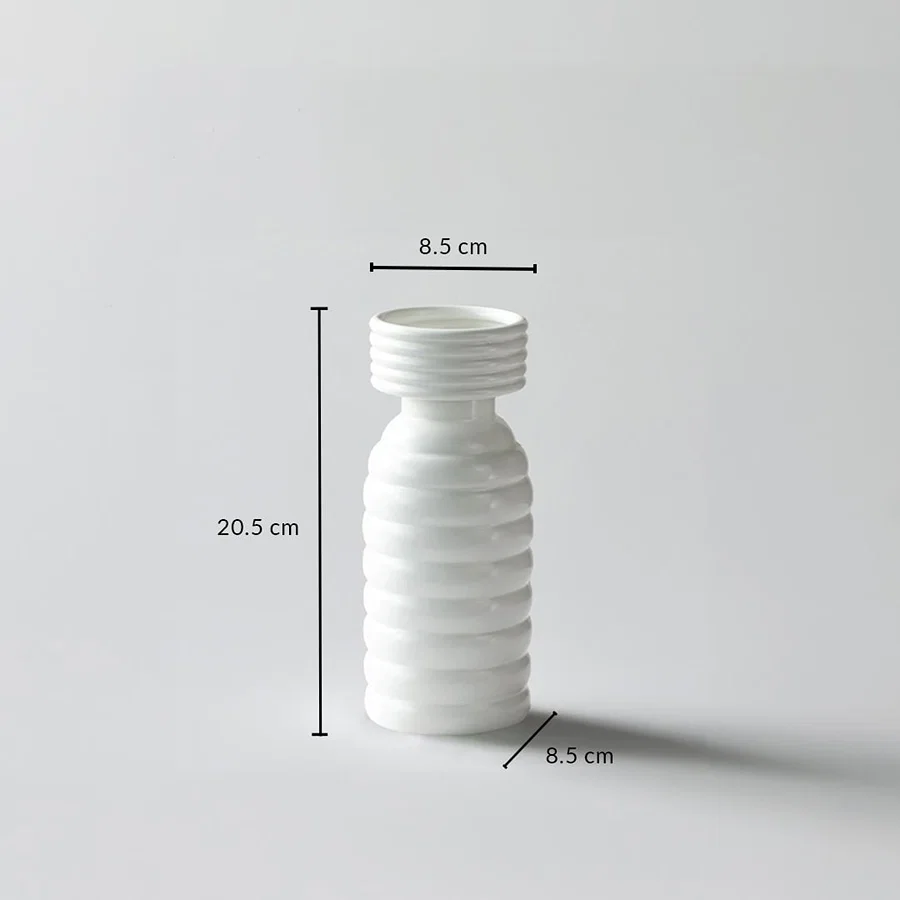 Dimension image of the ribbed white ceramic vase showing height 20.5 cm  width 8.5 cm  and depth 8.5 cm against a clean white background.