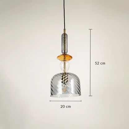 Designer grey and amber glass pendant light showing 52 cm height and 20 cm width ideal for living or dining space interiors.