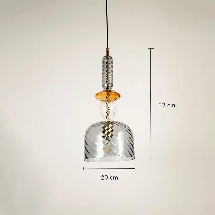 Designer grey and amber glass pendant light showing 52 cm height and 20 cm width ideal for living or dining space interiors.