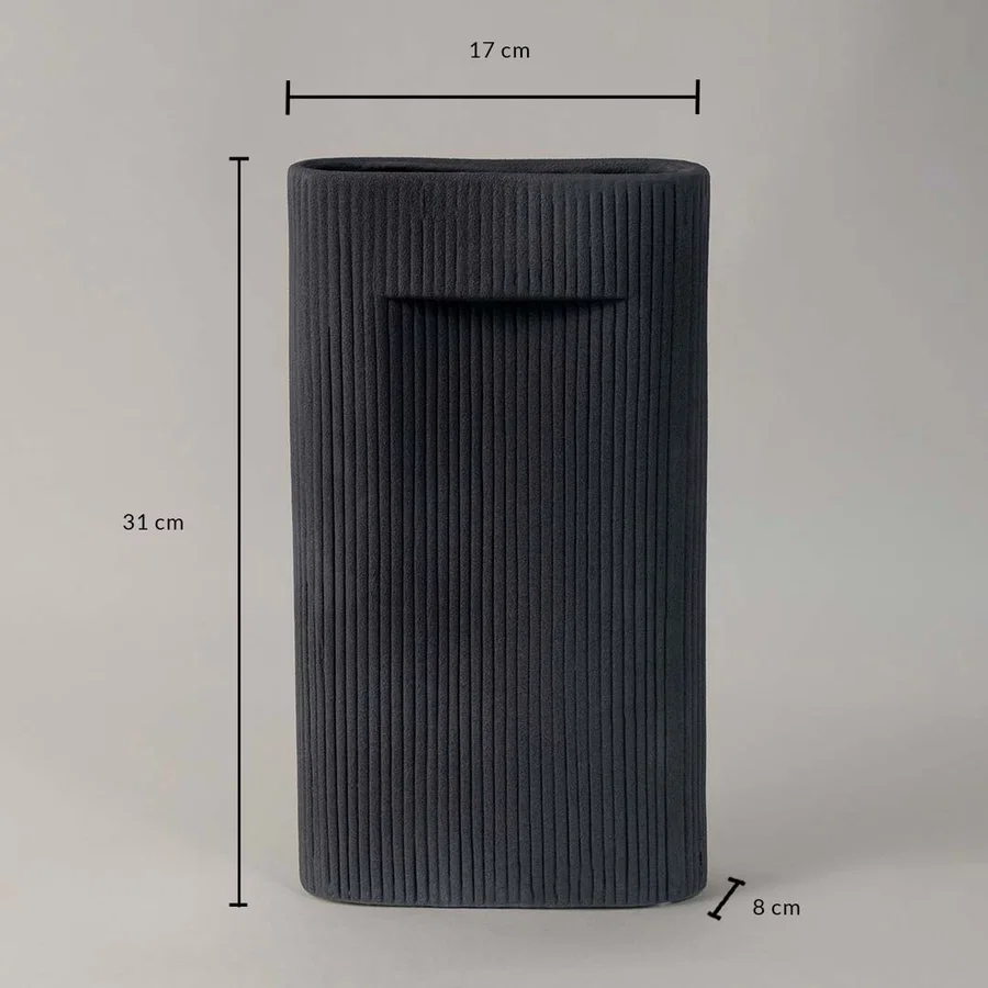 Tall black ribbed ceramic vase shown with 31 cm height and 17 cm width perfect for modern living room and office table decor.