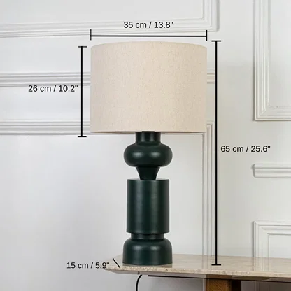 Dark green ceramic table lamp with cream shade, shade 26 x 35 x 35 cm (10.2 x 13.8 x 13.8 inches), body 65 x 15 x 15 cm (25.6 x 5.9 x 5.9 inches) dimensions