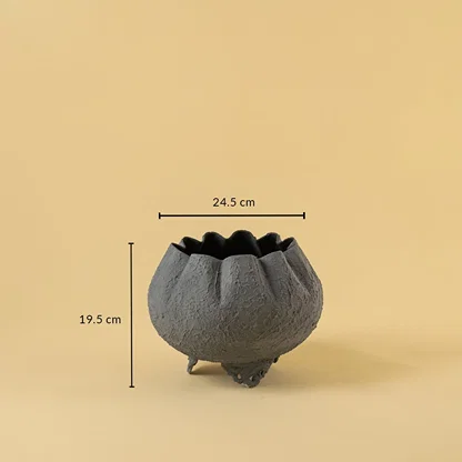 Grey metal scalloped bowl planter decor with width 24.5 cm and height 19.5 cm shown clearly for accurate size reference.