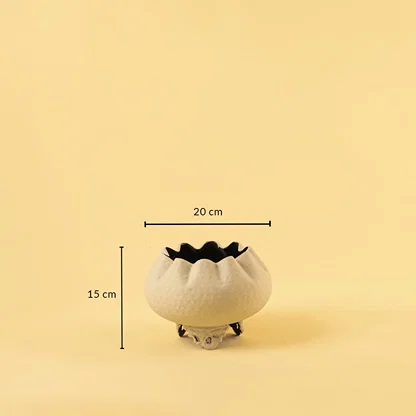 Cream metal scalloped bowl planter decor with width 20 cm and height 15 cm shown clearly for accurate size reference.