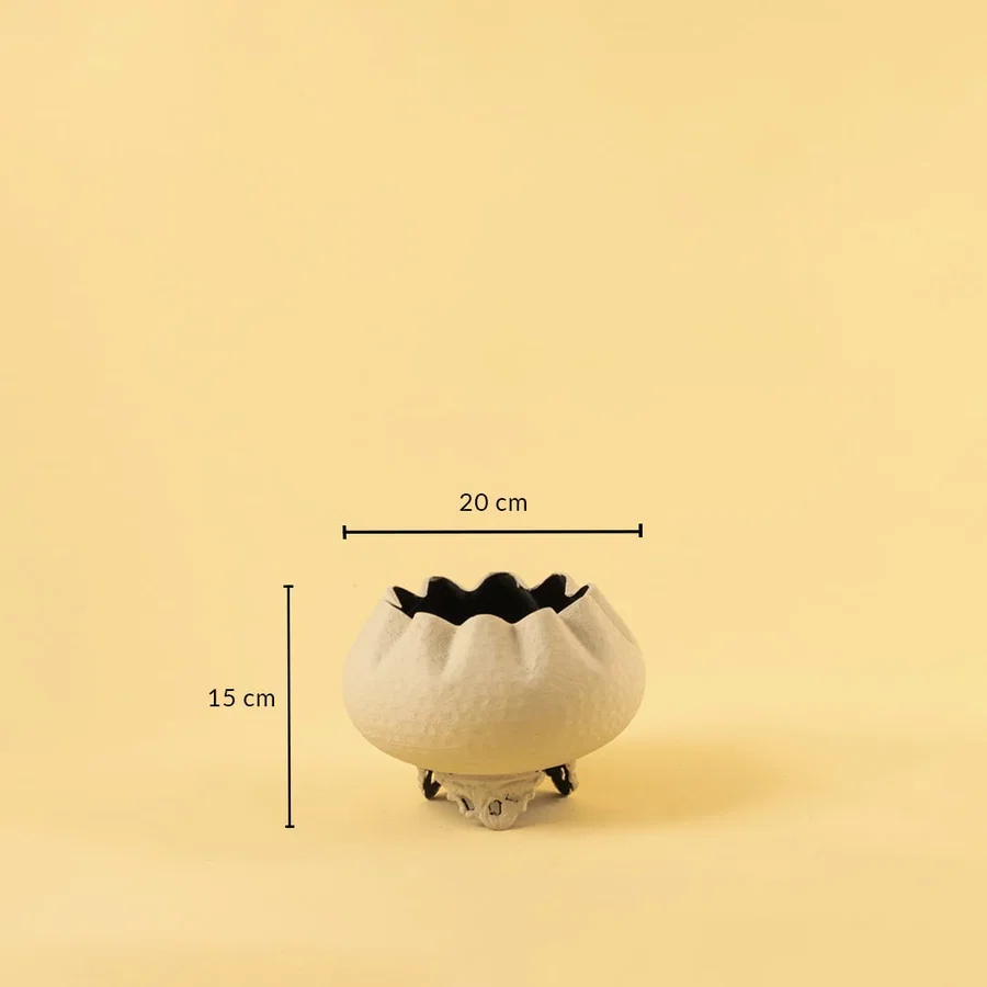 Cream metal scalloped bowl planter decor with width 20 cm and height 15 cm shown clearly for accurate size reference.