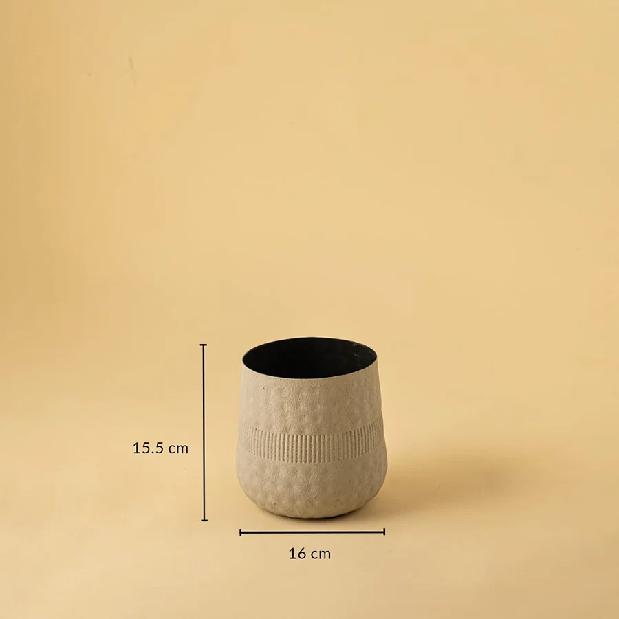 Small cream textured pot with black interior shown with 16 cm width and 15.5 cm height for modern minimal home decor.