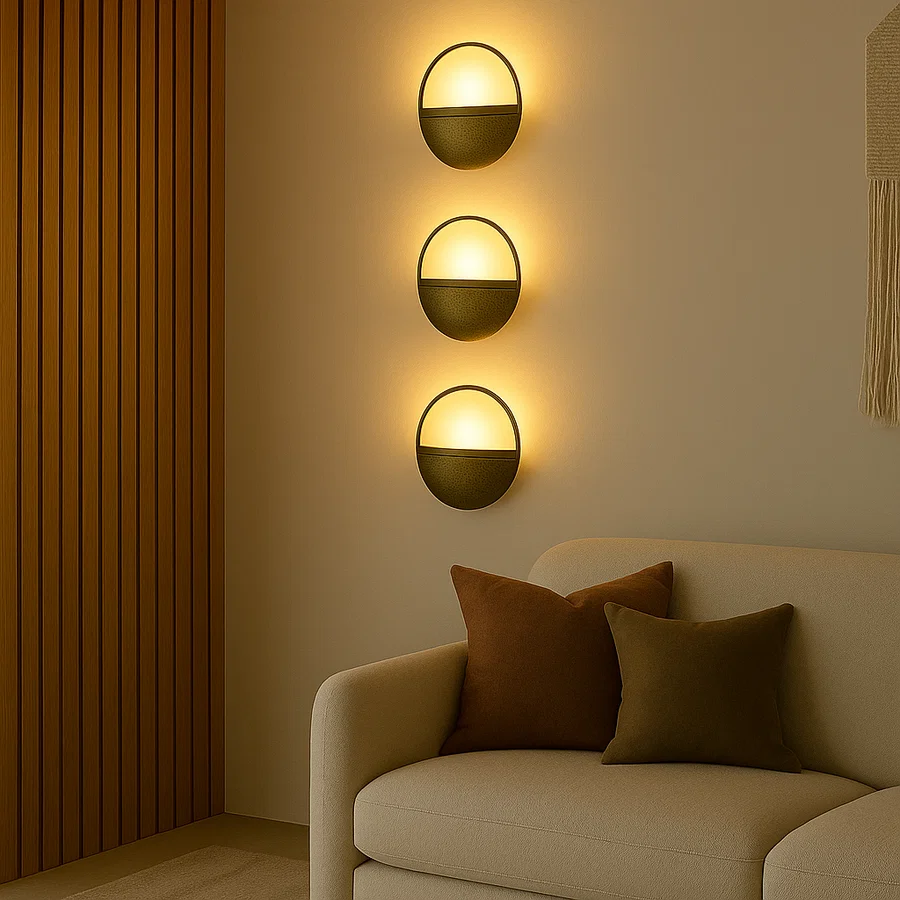 Modern metal wall lamp with arched design and stone shade offering artistic lighting ideal for living rooms hallways or bedroom decor.