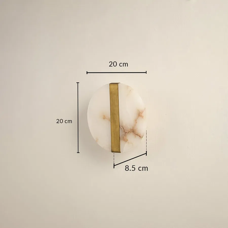 Marble gold wall light with 20 cm height 20 cm width and 8.5 cm depth for modern decor spaces.