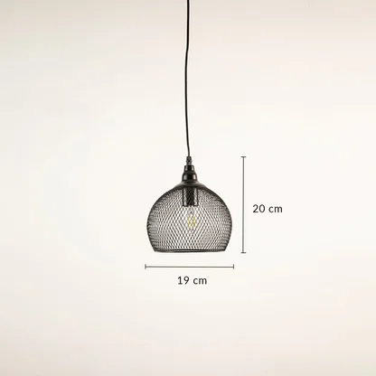 Black metal mesh pendant light dimension image with 19 cm width and 20 cm height for kitchen island placement.