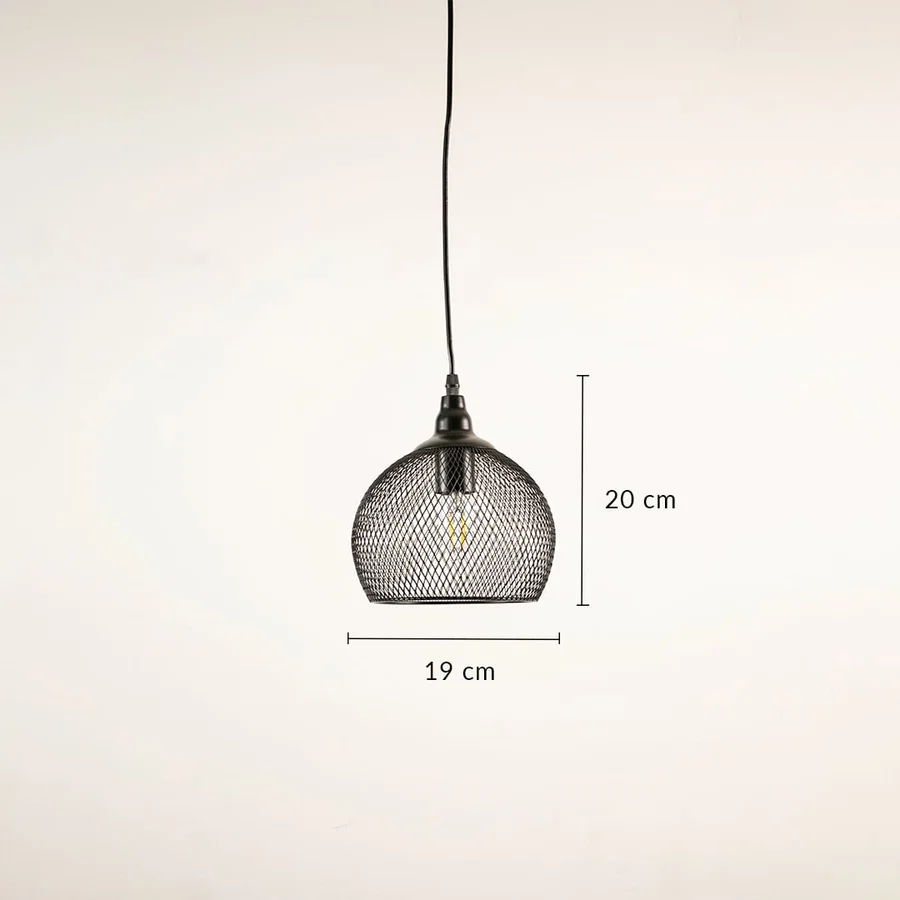 Black metal mesh pendant light dimension image with 19 cm width and 20 cm height for kitchen island placement.