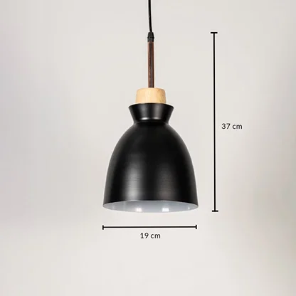 Black metal pendant light measuring 19 cm width and 37 cm height crafted for stylish ceiling lighting decor.