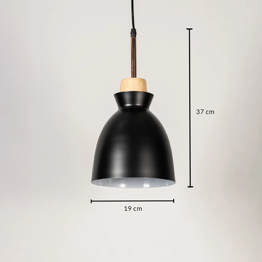 Black metal pendant light measuring 19 cm width and 37 cm height crafted for stylish ceiling lighting decor.