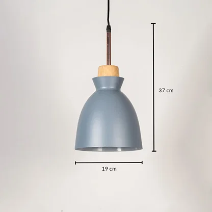 Blue metal pendant light measuring 19 cm width and 37 cm height crafted for stylish ceiling lighting decor.