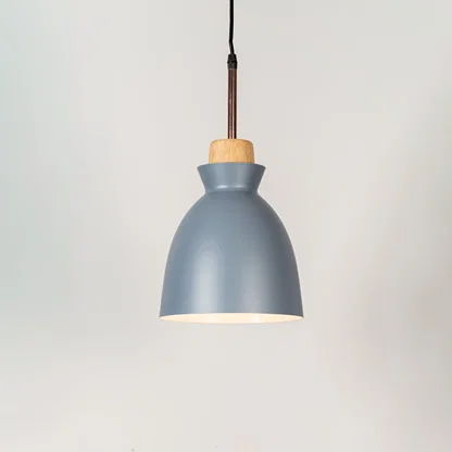 Blue metal pendant light with natural wood accents and minimalist dome design for contemporary ceiling lighting decor.