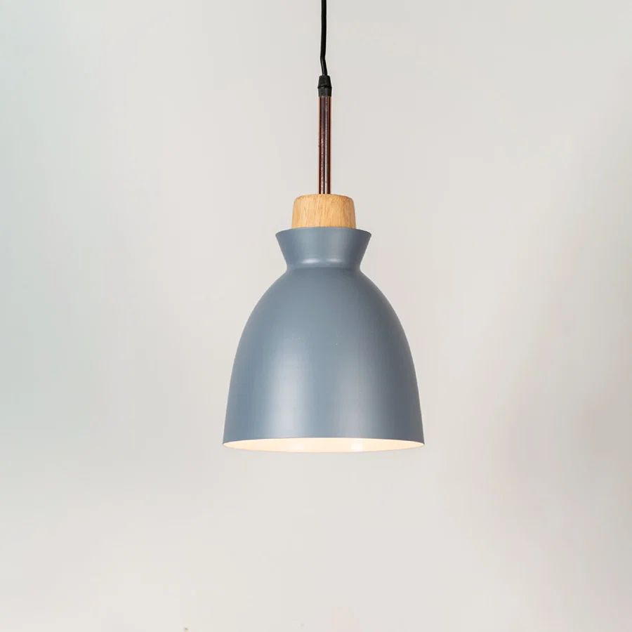 Blue metal pendant light with natural wood accents and minimalist dome design for contemporary ceiling lighting decor.