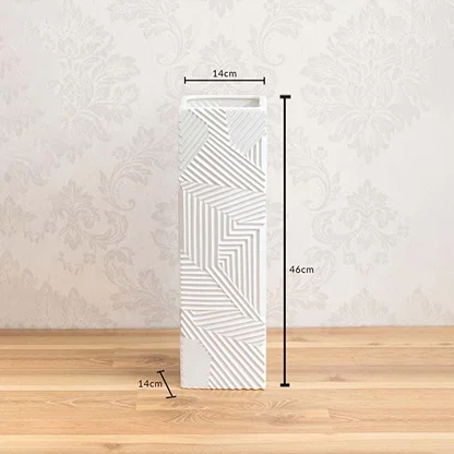 Tall white geometric ceramic vase with 46 cm height and 14 cm width shown on a light background with decorative pattern detailing.