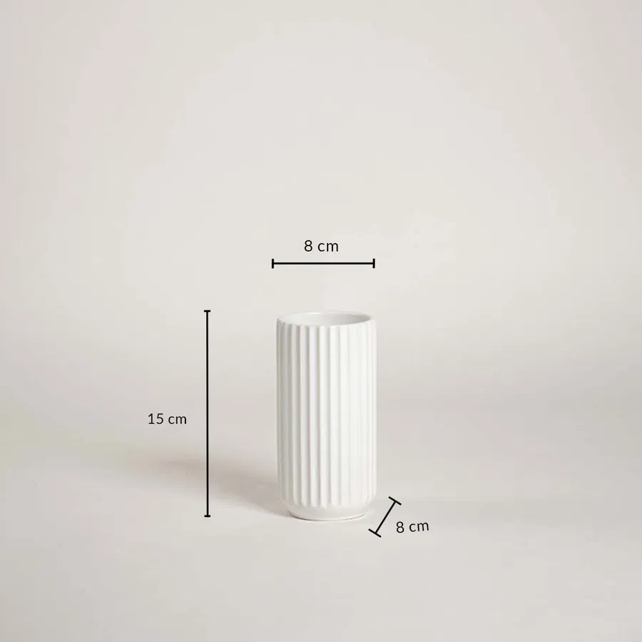 White ceramic vase shown with measurements 15 cm height and 8 cm width clearly presenting its ribbed texture and compact cylindrical form.