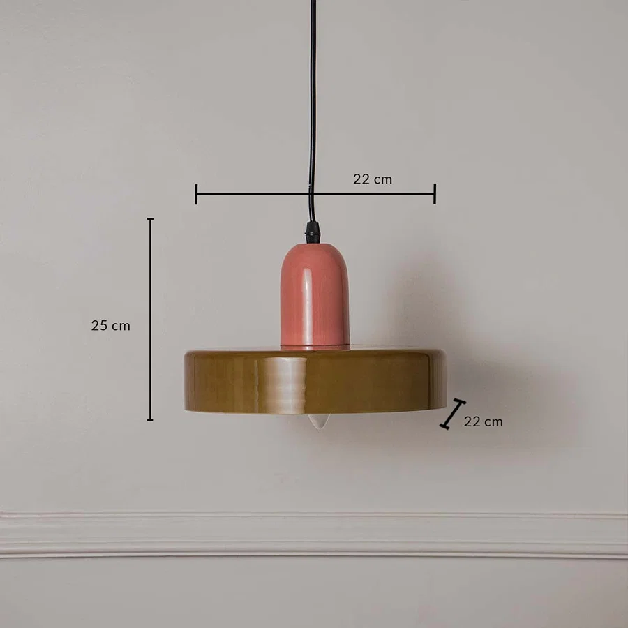 Dimension image of brass metal pendant light with pink accent showing 25 cm height and 22 cm width.