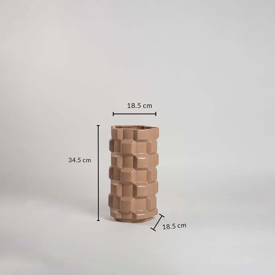 Brown ceramic vase with geometric texture and 34.5 cm height and 18.5 cm width shown clearly for accurate home decor size reference.