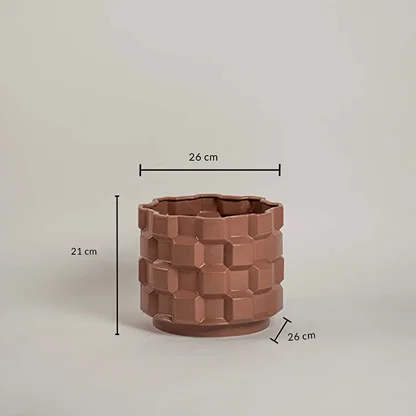 Brown geometric planter with 21 cm height and 26 cm width shown clearly for accurate home decor size reference and planning.