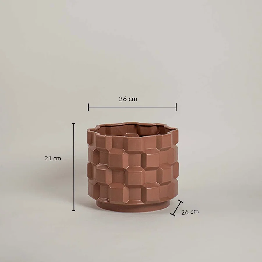 Brown geometric planter with 21 cm height and 26 cm width shown clearly for accurate home decor size reference and planning.