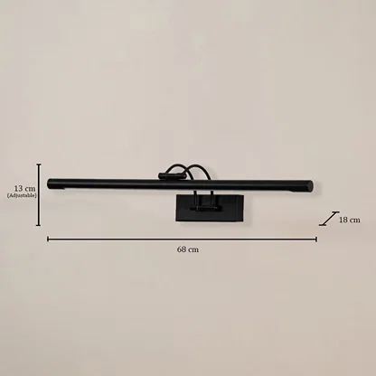 Black metal picture light with 68 cm width 18 cm depth and adjustable 13 cm height shown for accurate wall fitting.