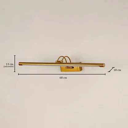 Gold metal picture light measuring 68 cm wide and 15 cm deep ideal for illuminating paintings and framed artwork.