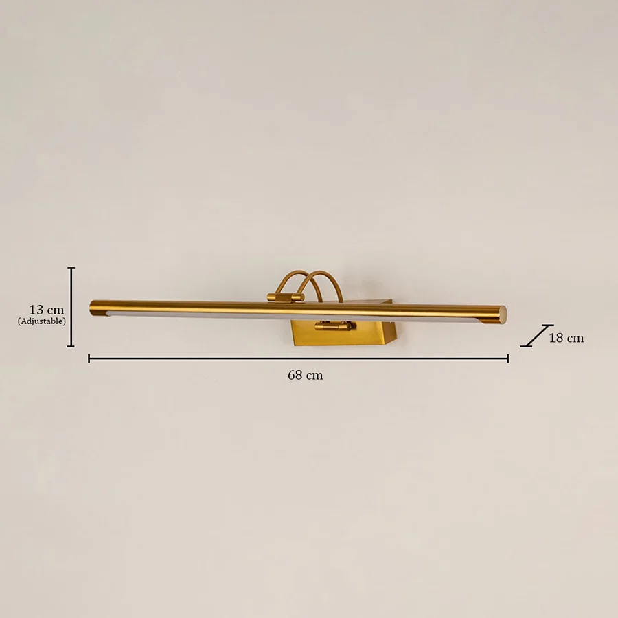 Gold metal picture light measuring 68 cm wide and 15 cm deep ideal for illuminating paintings and framed artwork.