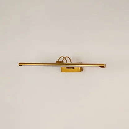 Gold metal picture light with sleek linear design for illuminating artwork mirrors and decorative wall displays.