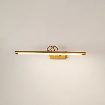 Modern wall light in gold metal finish with linear bar design for bathroom or vanity decor lighting white background.